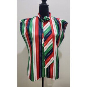 Vintage 1970s Red Green Blue White Sleeveless Bow Neck Blouse 70s Judy Bond CUTE